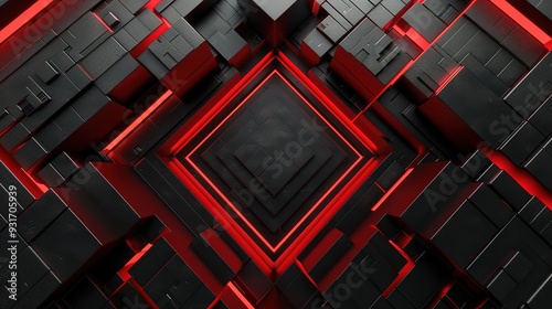 Abstract black and red 3D geometric pattern background.