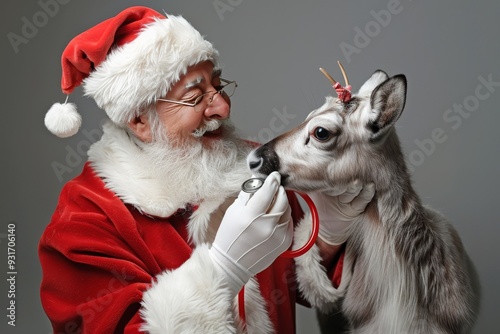 Jolly Santa Claus Veterinarian with Stethoscope Checking Reindeer Fawn. Holiday Veterinary Concept photo