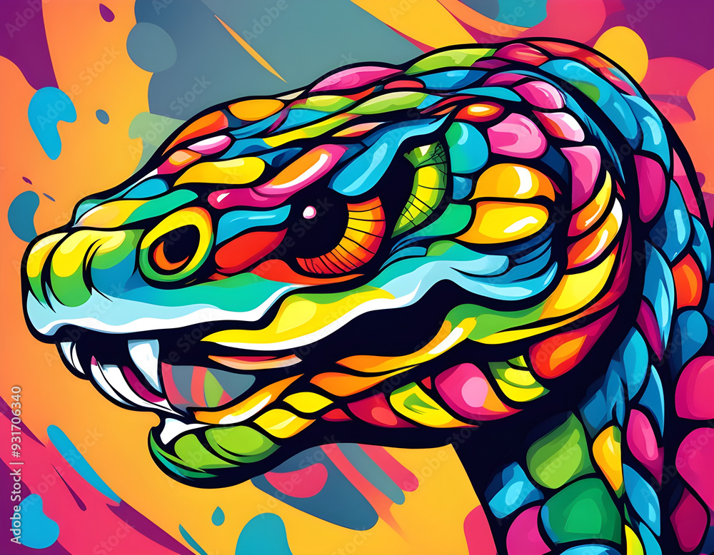 colorful snake head with cool isolated pop art style background