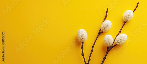 Yellow background with three pussy willow branches Space for text. with copy space image. Place for adding text or design photo