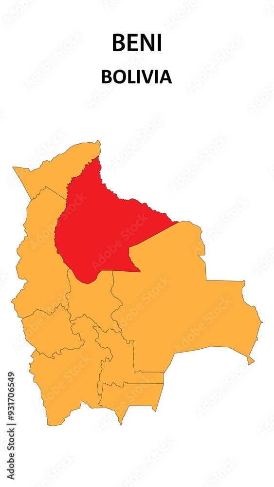 Naklejka premium Beni Map is highlighted on the Bolivia map with detailed state and region outlines.