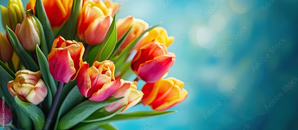 Close up of a bouquet of yellow tulips against a blue background. with copy space image. Place for adding text or design Close up of a bouquet of yellow tulips against a blue background. with copy space image. Place for adding text or design