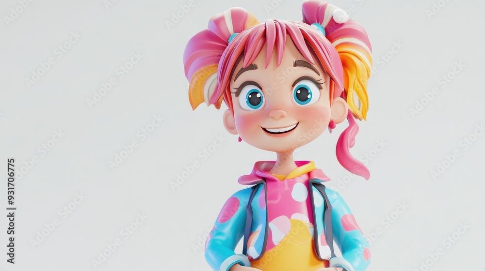 Adorable 3D girl character with expressive features and a colorful outfit on a white background, in a playful cartoon style Adorable 3D girl character with expressive features and a colorful outfit on a white background, in a playful cartoon style