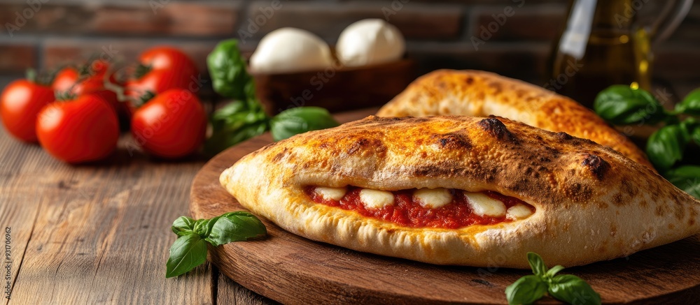 Italian cuisine stuffed calzone pizza on a rustic wooden surface In the background are small red tomatoes mozzarella basil and olive oil. with copy space image. Place for adding text or design