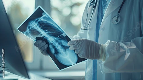 professional radiologist wearing gloves, carefully examining an X-ray picture against a negatoscope photo