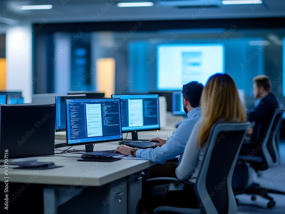 Participants engage in a cybersecurity training session at an office with multiple computer screens in February Participants engage in a cybersecurity training session at an office with multiple computer screens in February