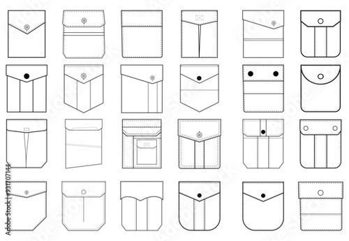 Different types of garment patch pockets pockets flat sketch vector illustration set design