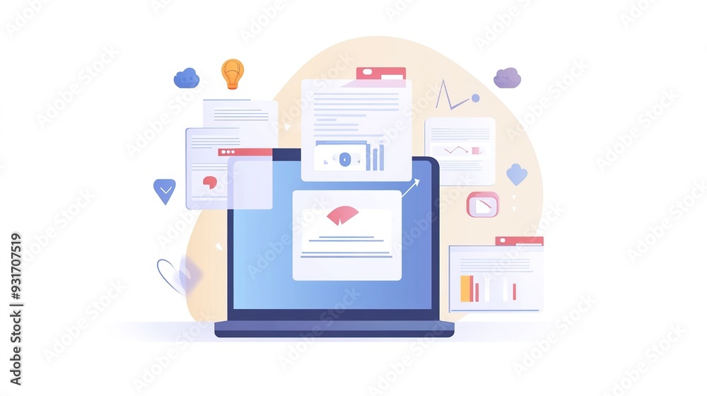 Flat Illustration of Data Downloaded from the Web. Features a Simple, Modern Design Depicting the Data Transfer Process with Clear, Iconic Symbols and a Minimalistic Aesthetic.