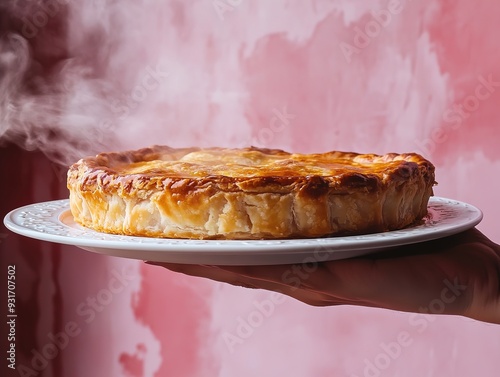 Aromatic Hot Ossetian Pie Served on a White Plate, Delectable Traditional Meal Presentation, Culinary Elegance with a Twist of Ethnic Flavor photo