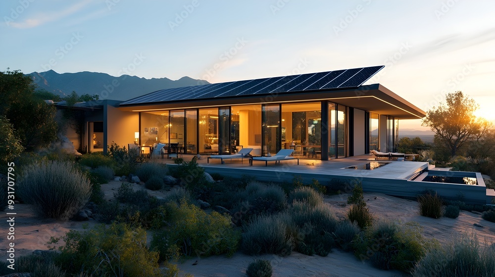 Retrofitted Smart Home with Sleek Solar Panels and Energy Efficient Features in Scenic Desert Landscape