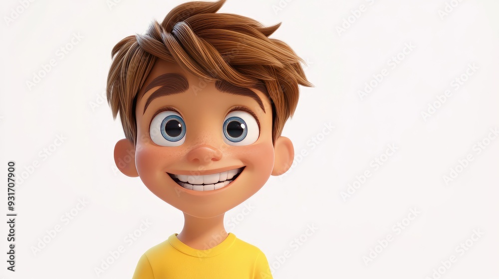 Cute 3D boy character with big eyes and a happy smile on a white background, in a friendly cartoon animation style Cute 3D boy character with big eyes and a happy smile on a white background, in a friendly cartoon animation style