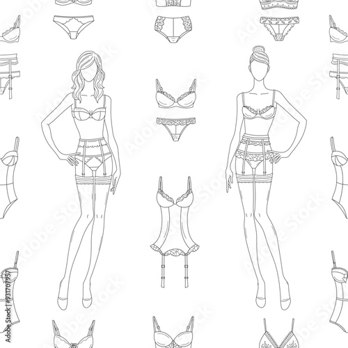 Fashionable female lingerie collection, vector seamless pattern line background.  Feminine lace underwear sets, panties, bras, corsets, bodies, garter belts, and nightwear 