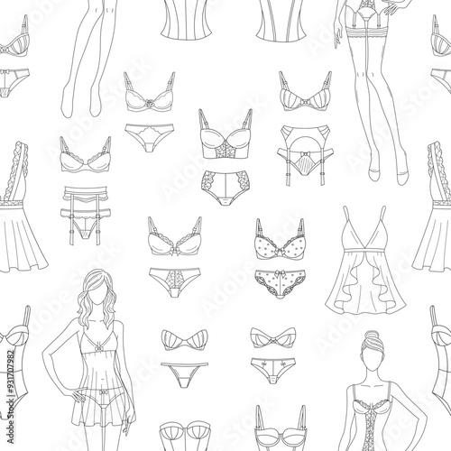 Fashionable female lingerie collection, vector seamless pattern line background.  Feminine lace underwear sets, panties, bras, corsets, bodies, garter belts, and nightwear 