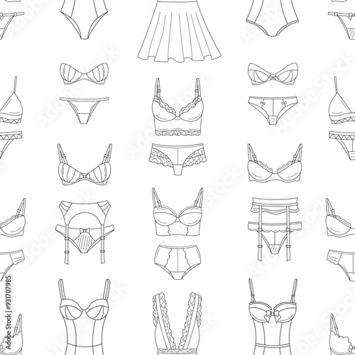 Fashionable female lingerie collection, vector seamless pattern line background.  Feminine lace underwear sets, panties, bras, corsets, bodies, garter belts, and nightwear 