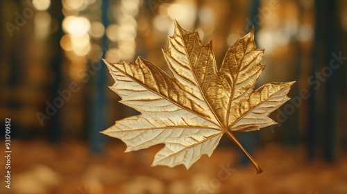 A beautiful golden leaf captures the essence of autumn, floating gracefully amidst a serene forest backdrop, radiating warmth. photo