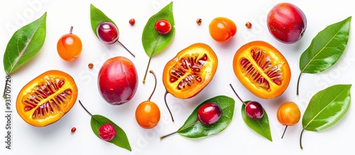 Fresh tamarillo fruit with leaves isolated on a white background featuring copyspace for your text Top view Flat lay photo