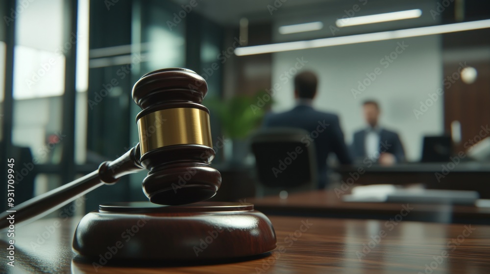 Gavel on a Table with Blurred Businessmen in the Background Gavel on a Table with Blurred Businessmen in the Background