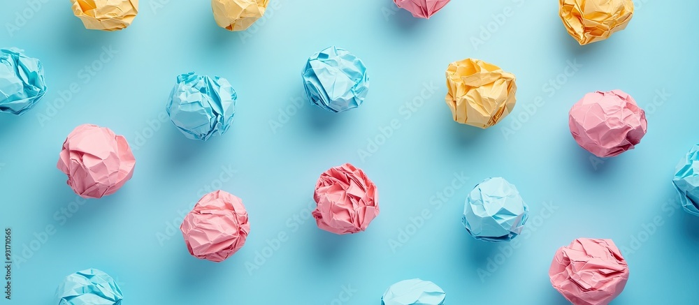 Colorful crumpled paper balls on a pastel blue background Copy space top view Colorful crumpled paper balls on a pastel blue background Copy space top view