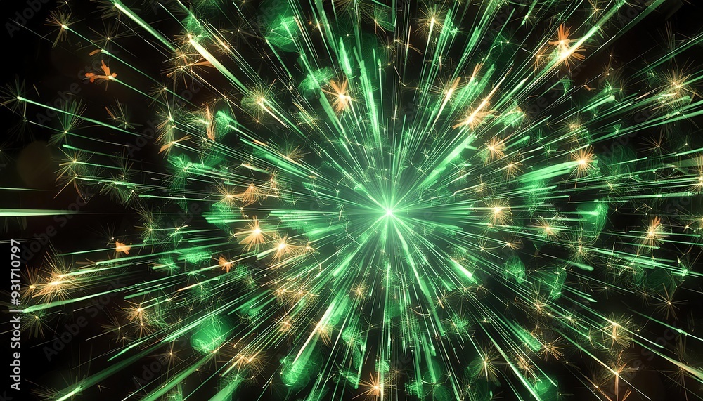 Vibrant green and gold laser light burst with sparkling effects, creating a dynamic explosion of energy on a dark background. Vibrant green and gold laser light burst with sparkling effects, creating a dynamic explosion of energy on a dark background.