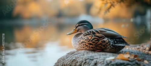 A spot billed duck is resting at the shore. with copy space image. Place for adding text or design photo