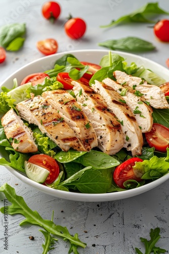 Grilled Chicken Breast Salad with Fresh Vegetables, Healthy Eating and Dietary Concept