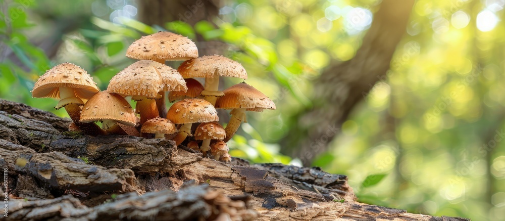 The distinctive background and texture of a previously cut tree sprouting mushrooms. with copy space image. Place for adding text or design The distinctive background and texture of a previously cut tree sprouting mushrooms. with copy space image. Place for adding text or design