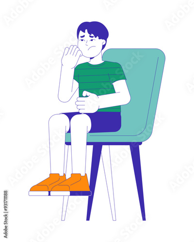 Upset little asian boy sitting on chair 2D cartoon character. Nervous child waiting on seat isolated flat vector person white background. Kid suffering from stress color spot illustration