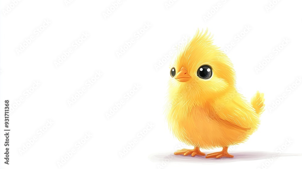A cute and charming illustration of a small yellow baby chicken, with a blank white background for copy space. The adorable cartoon style adds a playful touch, A cute and charming illustration of a small yellow baby chicken, with a blank white background for copy space. The adorable cartoon style adds a playful touch,