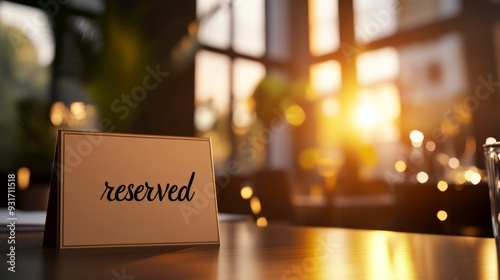A cozy restaurant setting featuring a 'reserved' sign on a table, illuminated by warm sunset light, creating an inviting atmosphere.