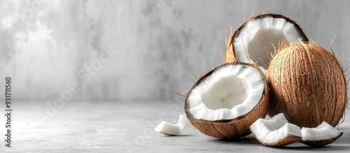Ripe coconuts against a gra...