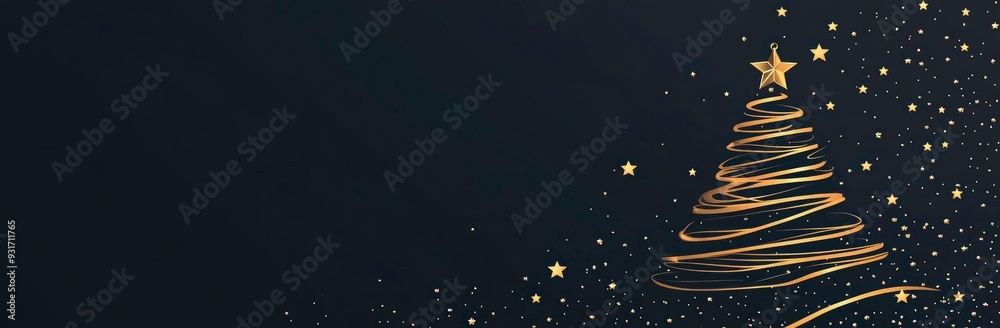 Christmas card banner. Xmas banner with christmas tree and golden line art on dark background. Christmas card banner. Xmas banner with christmas tree and golden line art on dark background.