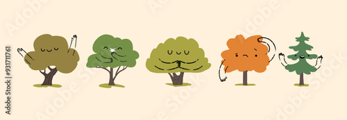 Set of cute diverse isolated trees with emotions.