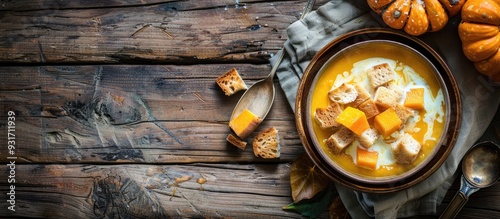 Tasty pumpkin soup topped w...