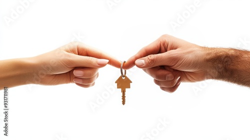 woman's and man's hand holding together house shaped key to new real estate
