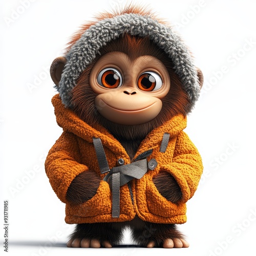 Cute Happy Orangutan Isolated on White Background Wearing Cold Weather or Winter Outfit. Cartoon Character - Mascot photo