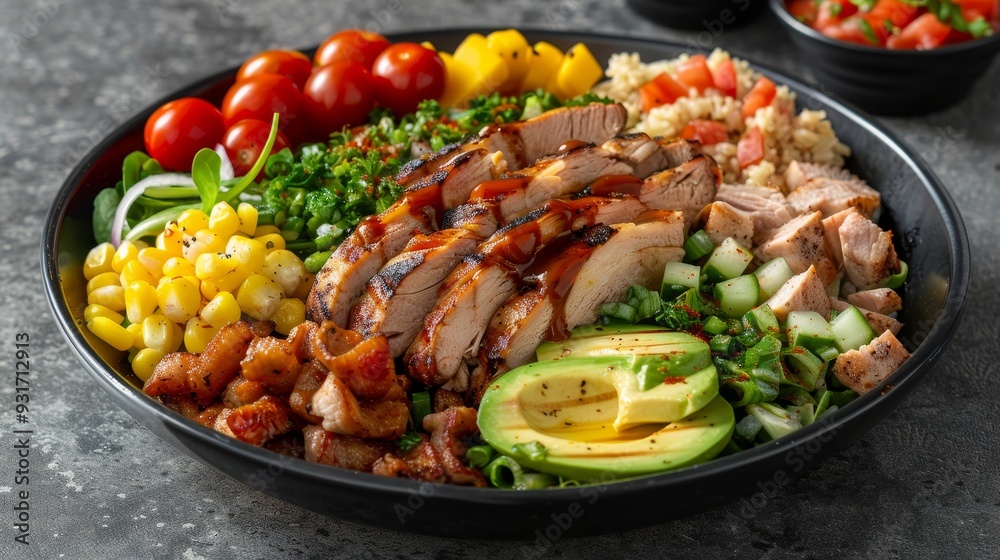 Healthy Grilled Chicken Salad Bowl with Avocado, Corn, Quinoa and Fresh Herbs on a Dark Background Healthy Grilled Chicken Salad Bowl with Avocado, Corn, Quinoa and Fresh Herbs on a Dark Background