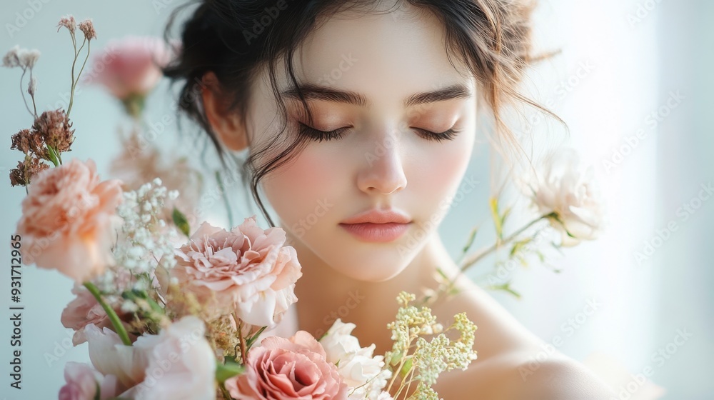 A serene portrait of a woman surrounded by delicate flowers, capturing beauty and tranquility in a soft, natural light. A serene portrait of a woman surrounded by delicate flowers, capturing beauty and tranquility in a soft, natural light.