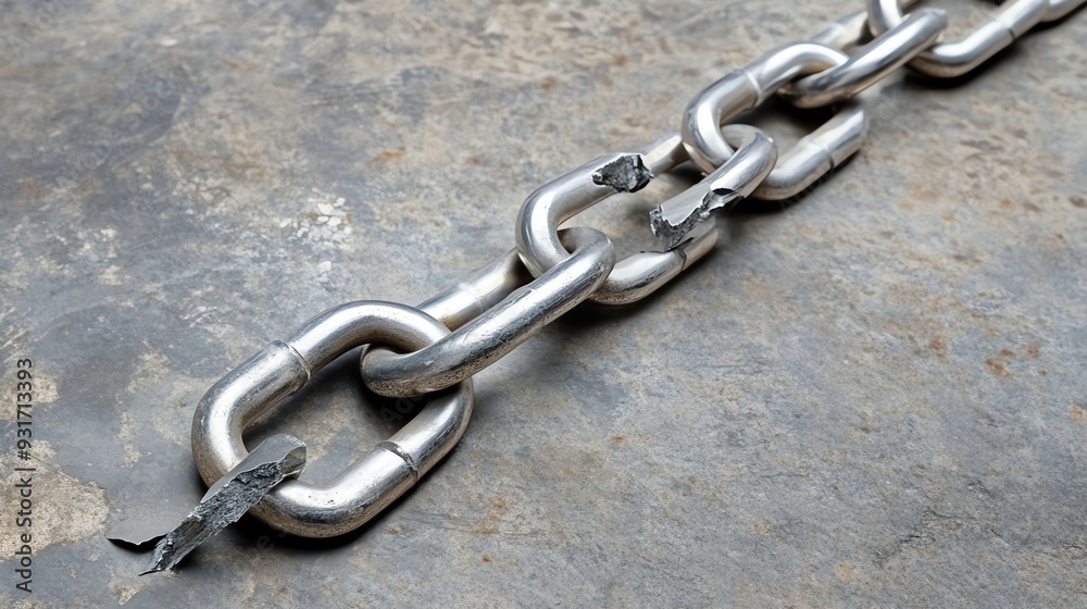 A broken metal chain on a gray background. A broken metal chain on a gray background.