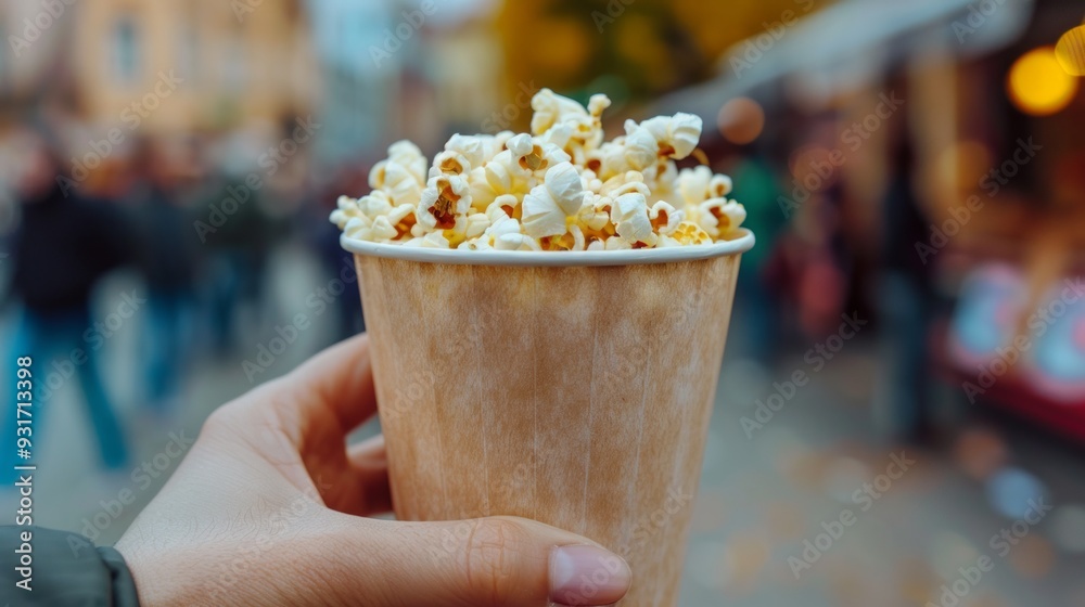 A hand holding a cup of fresh popcorn against a blurred outdoor background, perfect for showcasing snacking and leisure. A hand holding a cup of fresh popcorn against a blurred outdoor background, perfect for showcasing snacking and leisure.