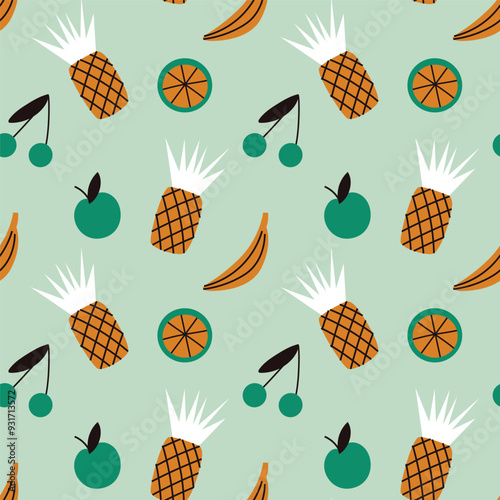 Vector seamless pattern with abstract fruits on green background. Modern design for fabric and paper, surface textures. 