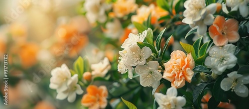Fototapeta Naklejka Na Ścianę i Meble -  A large bush of orange white flowers on a solitary white background with copyspace and a clipping path A plant tree in the garden