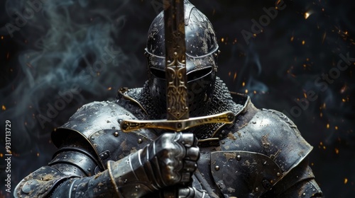 A majestic knight in shining armor stands boldly, holding a sword with intricate details, showcasing strength and valor in battle.