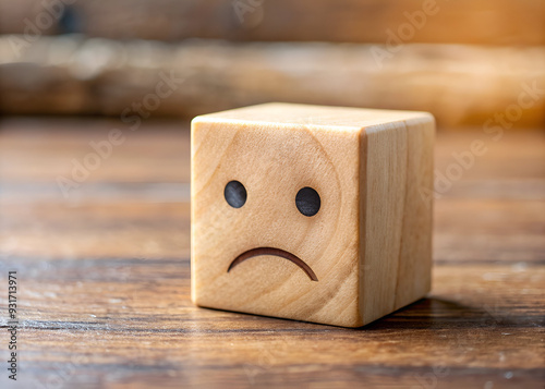 A wooden block with sorrowful expression