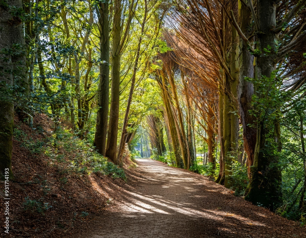 Fototapeta premium A forest path winds between trees, sunlight filtering through leaves, inviting peaceful serenity.