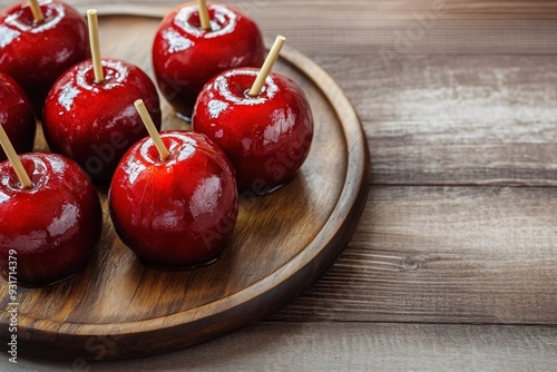 Red Candy Apples on Wooden Plate photo