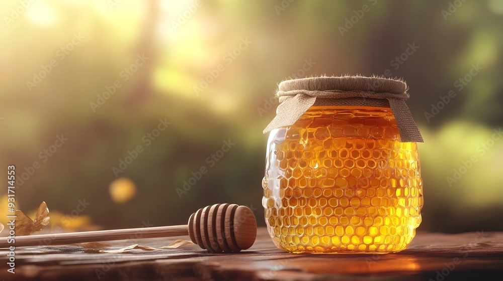 Honey in Rustic Wooden Jar on Wooden Table with Dripping Honeycomb in Sunlit Environment Honey in Rustic Wooden Jar on Wooden Table with Dripping Honeycomb in Sunlit Environment