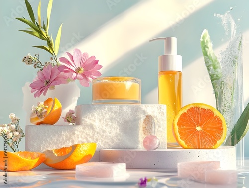 Luxurious Natural Skincare Arrangement with Citrus and Floral Elements on Neutral Background