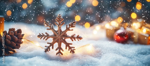 Wooden snowflake on the sno...