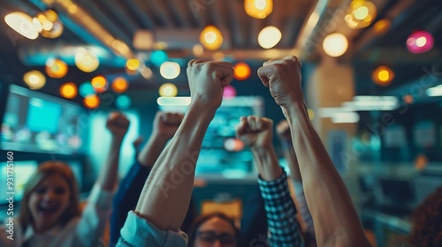 Tablet team and business people in celebration for success promotion or goal achievement in office Technology winning and excited professional fist pump for good news bonus or victory : Generative AI