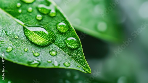 Fresh green leaves with water droplets, showcasing nature's beauty and detail in a serene and vibrant environment.